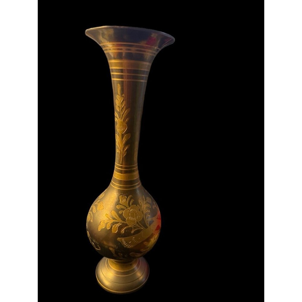 Vintage Etched Brass Vase 15" tall; floral motifs - Picture 3 of 13